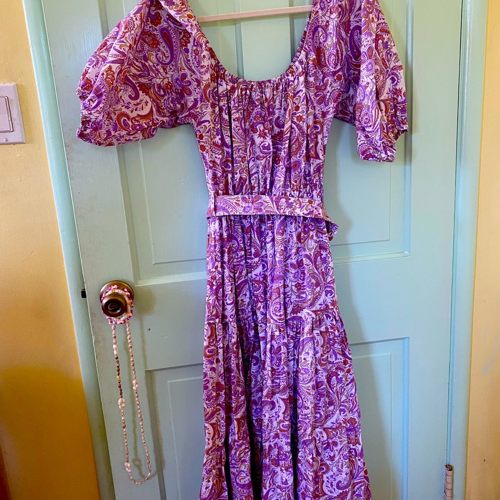 Lusana pink purple paisley dress with elastic waist and belt.